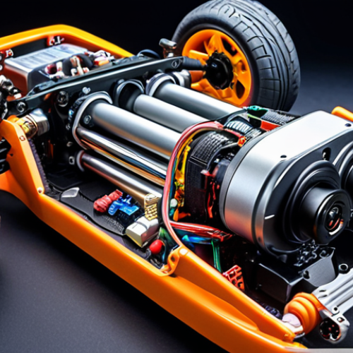 ** A detailed, close-up shot of the internal mechanisms of a high-end RC car, focusing on the brushless motor, ESC, and sophisticated suspension system. The lighting should highlight the precision and complexity of the engineering.

**