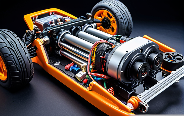 ** A detailed, close-up shot of the internal mechanisms of a high-end RC car, focusing on the brushless motor, ESC, and sophisticated suspension system. The lighting should highlight the precision and complexity of the engineering.

**