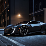 A matte black RC car with a sleek, modern design, photographed in an urban setting at night. The car should have subtle LED lighting and a sense of sophistication and coolness.