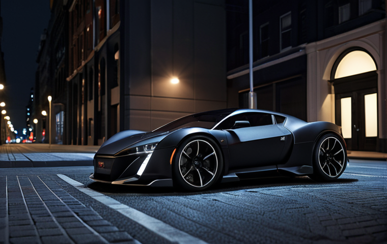 A matte black RC car with a sleek, modern design, photographed in an urban setting at night. The car should have subtle LED lighting and a sense of sophistication and coolness.