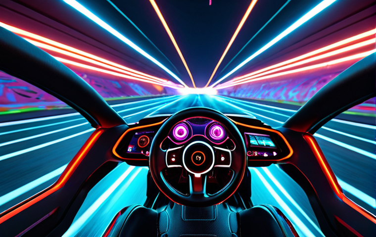 **

A vibrant, action-packed scene of an RC car race utilizing VR technology. The perspective is first-person, inside the cockpit of an RC car, speeding through a futuristic, neon-lit track. Emphasize speed, excitement, and advanced technology.

**