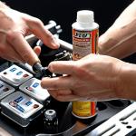 **

A detailed close-up shot of a mechanic's hands expertly replacing an oil damper on an RC car chassis. The focus should be on the precision and technical skill involved. Background elements include various tools, oil bottles with viscosity labels, and a well-lit workbench. The RC car itself should be a popular, recognizable model. Lighting should be bright and clean, highlighting the metallic components and fine details. Style: Photo-realistic.
   **(Focus:  Skillful Upgrade)**

**