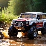 RC Car Action**

Prompt: "Off-road RC car splashing through mud in a riverbed, realistic, dynamic action shot, warm sunlight, dramatic lighting, Tamiya model visible, surrounded by natural environment, hobby, detailed textures, 8k."

**