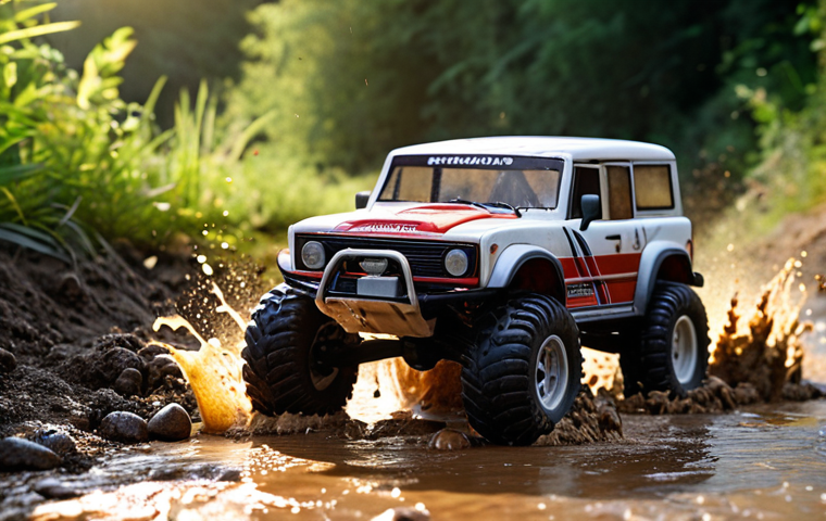 RC Car Action**

Prompt: "Off-road RC car splashing through mud in a riverbed, realistic, dynamic action shot, warm sunlight, dramatic lighting, Tamiya model visible, surrounded by natural environment, hobby, detailed textures, 8k."

**